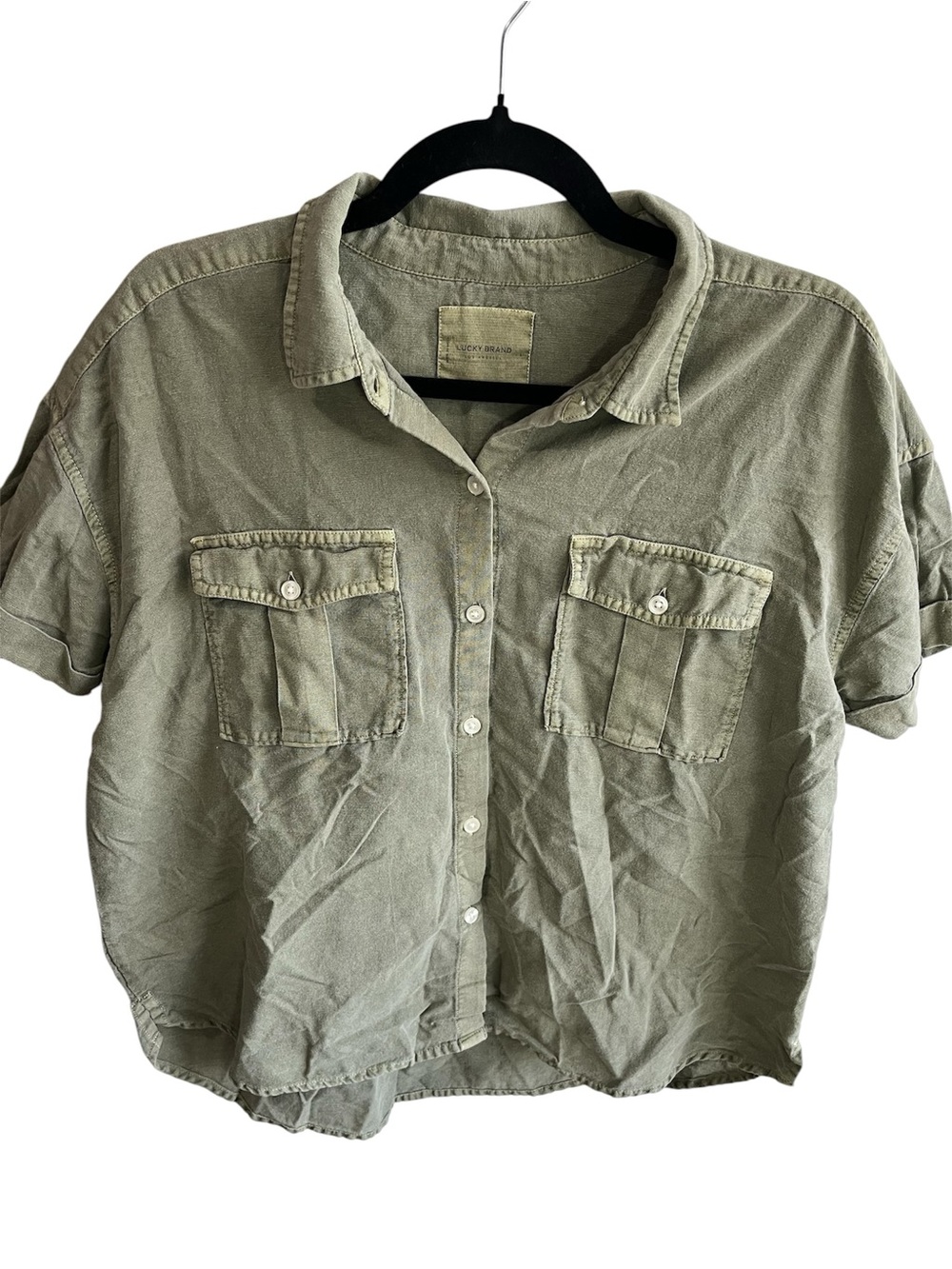 Lucky Brand Lot of 2 Blouses Tops Dark Grey Baby Doll Olive Button Up Large - Picture 6 of 10
